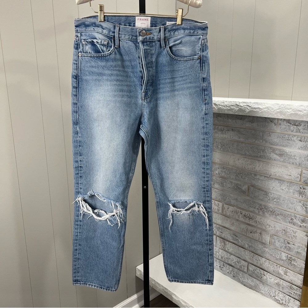 Frame Rigid Re Release Bungalow Light Blue Distressed Button Fly Denim Jeans 31